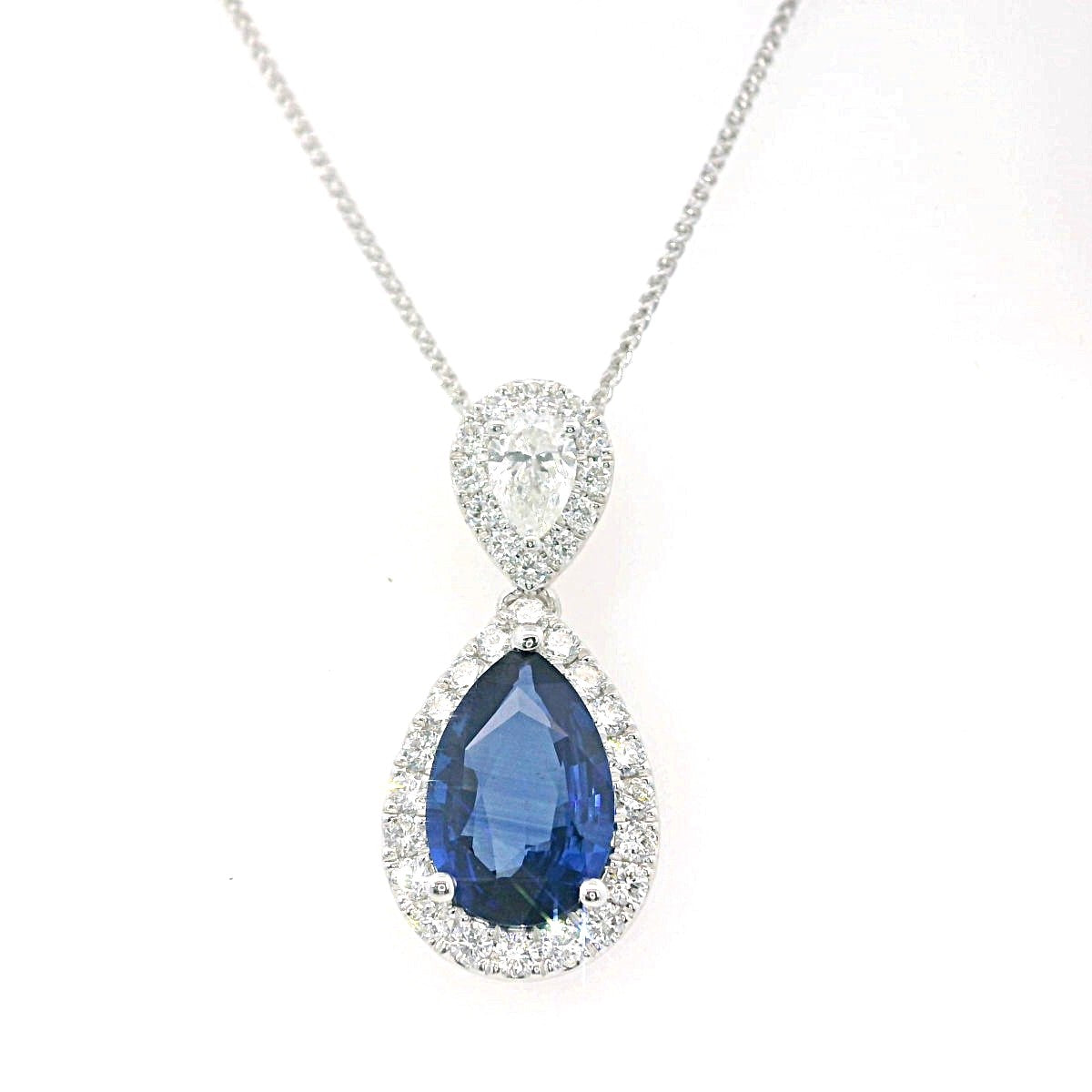 18Kt White Gold Double Pear Halo Pendant with a Natural Sapphire and Diamond