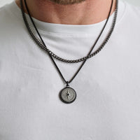 Stainless Steel Black IP North Star Round Compass Necklace