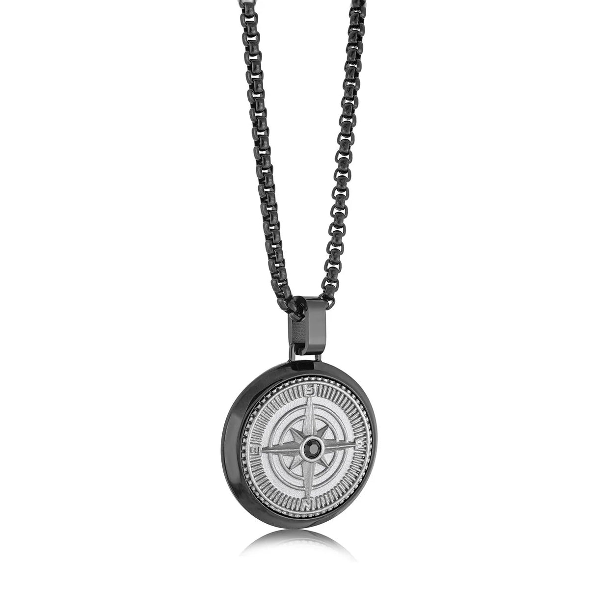 Stainless Steel Black IP North Star Round Compass Necklace