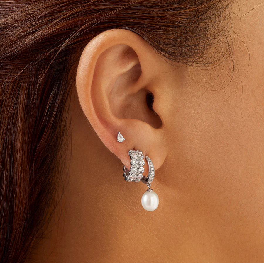 Ania Haie Sterling Silver Freshwater Pearl and White Cubic Zirconia Pavé Drop Huggies