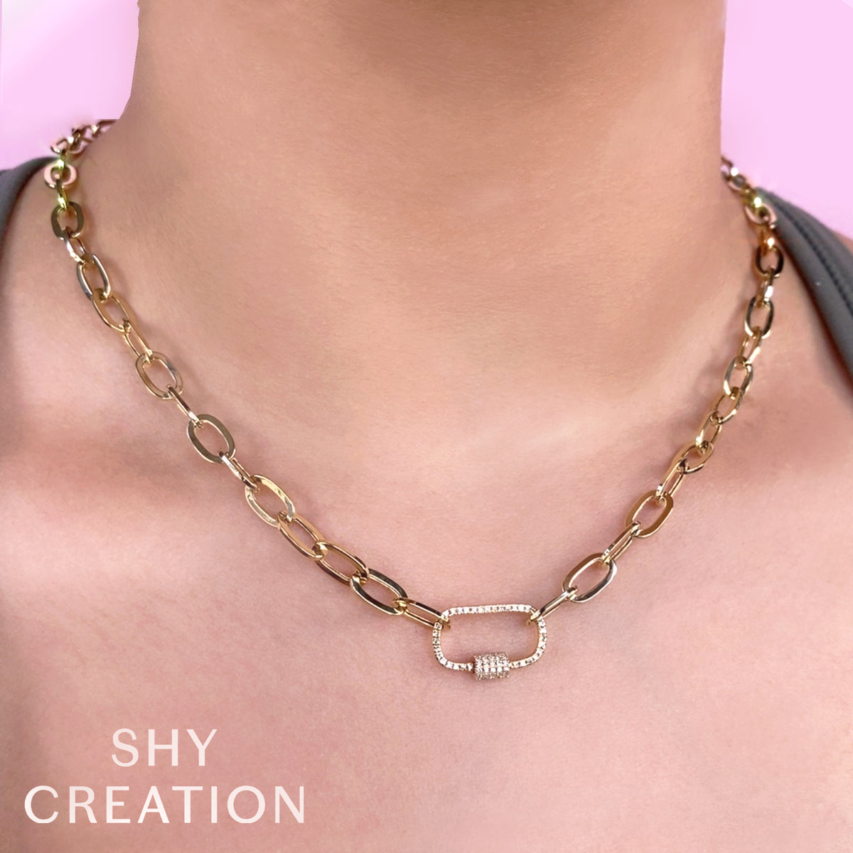 Shy Creation 14Kt Yellow Gold Diamond Lock Clasp Paperclip Link Necklace