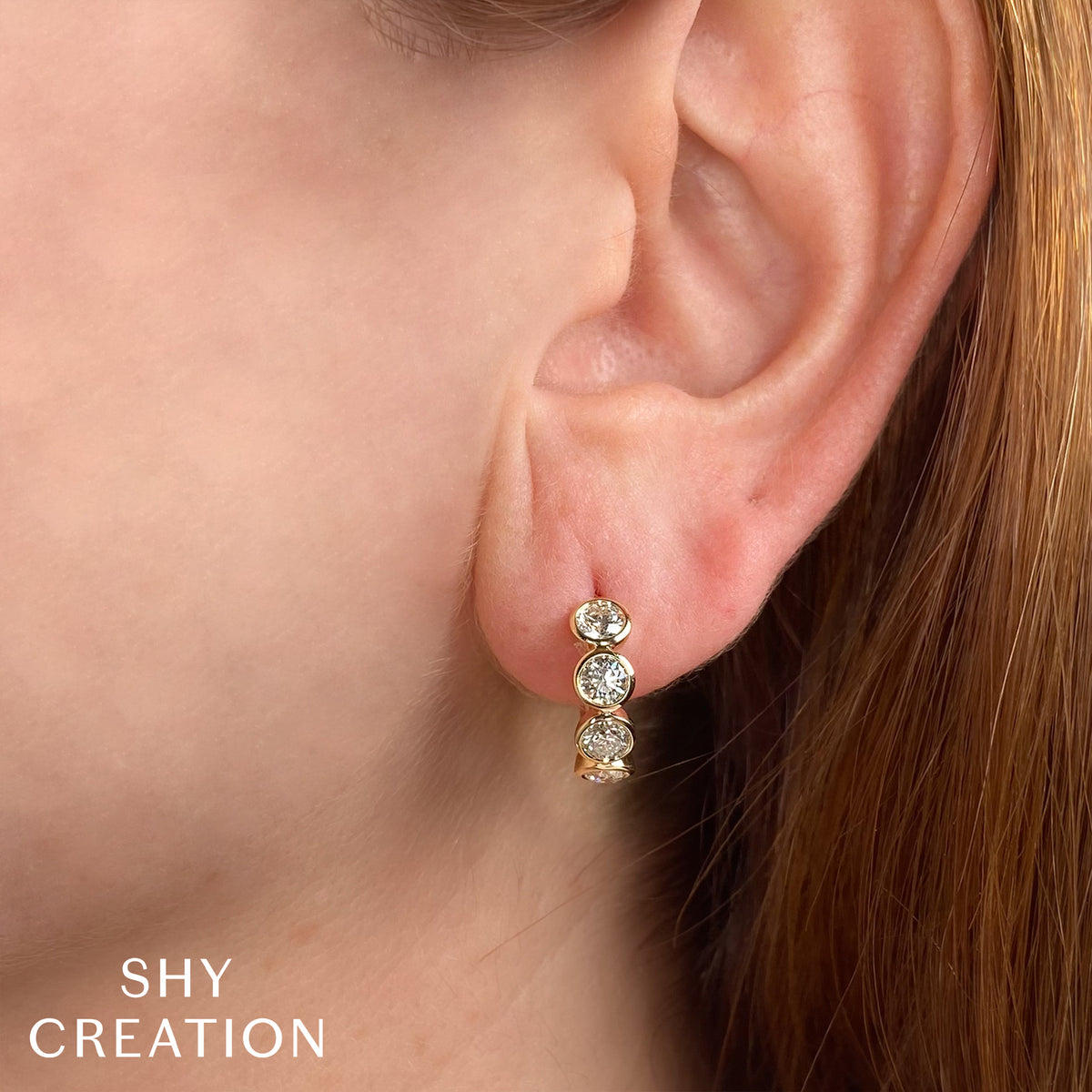 Shy Creation 14Kt Yellow Gold Bezel-Set Diamond Huggie Hoop Earrings