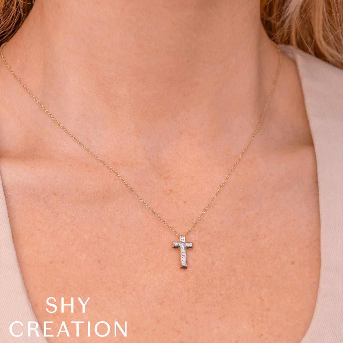 Shy Creation 14Kt Yellow Gold Diamond Cross Pendant