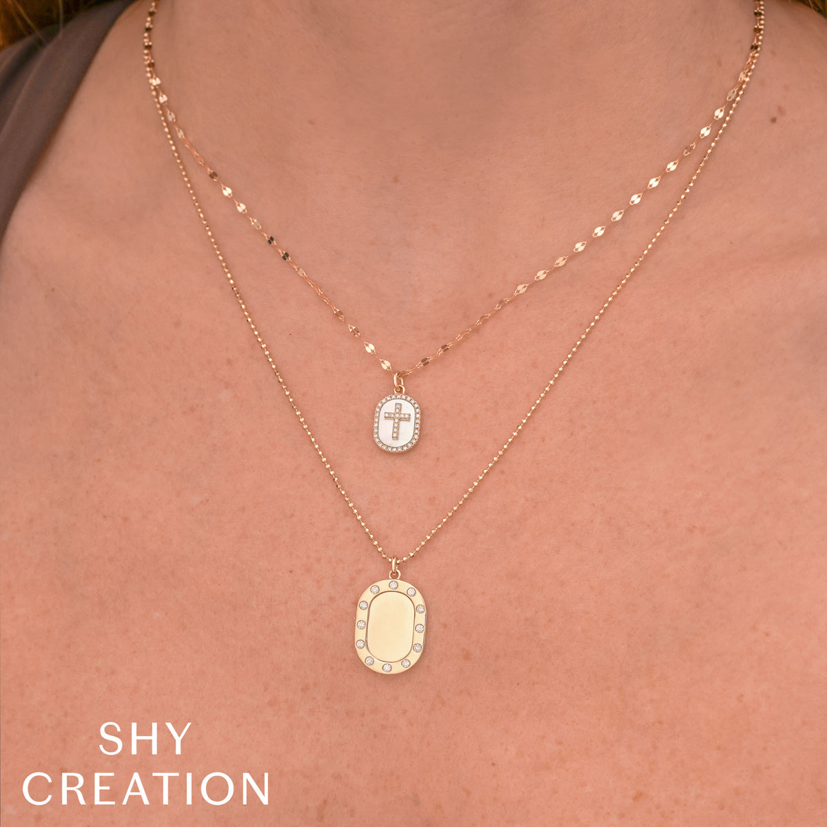 Shy Creation 14Kt Yellow Gold Mother of Pearl Oval & Diamond Cross Pendant