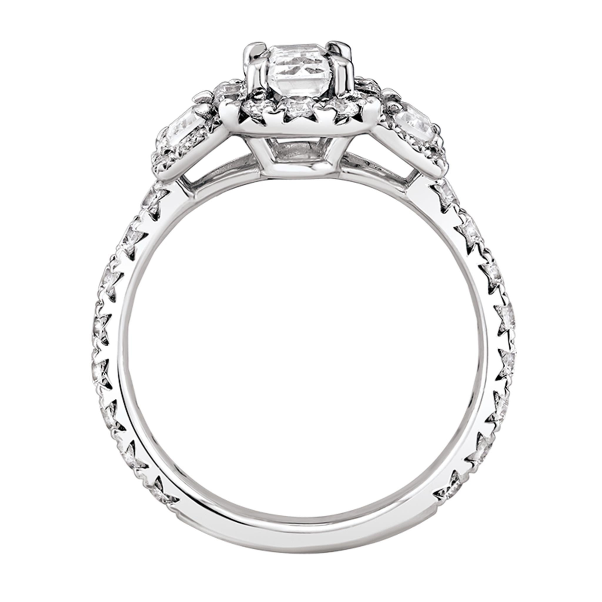 14Kt White Gold 3-Stone Halo Ring With  .70ct Emerald-Cut Center Natural Diamond