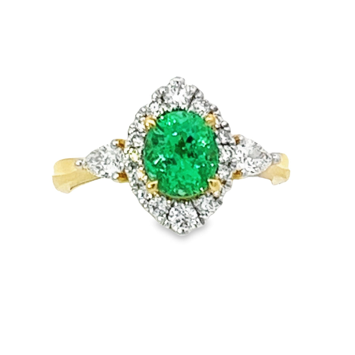 18Kt Yellow Gold Halo Emerald Ring