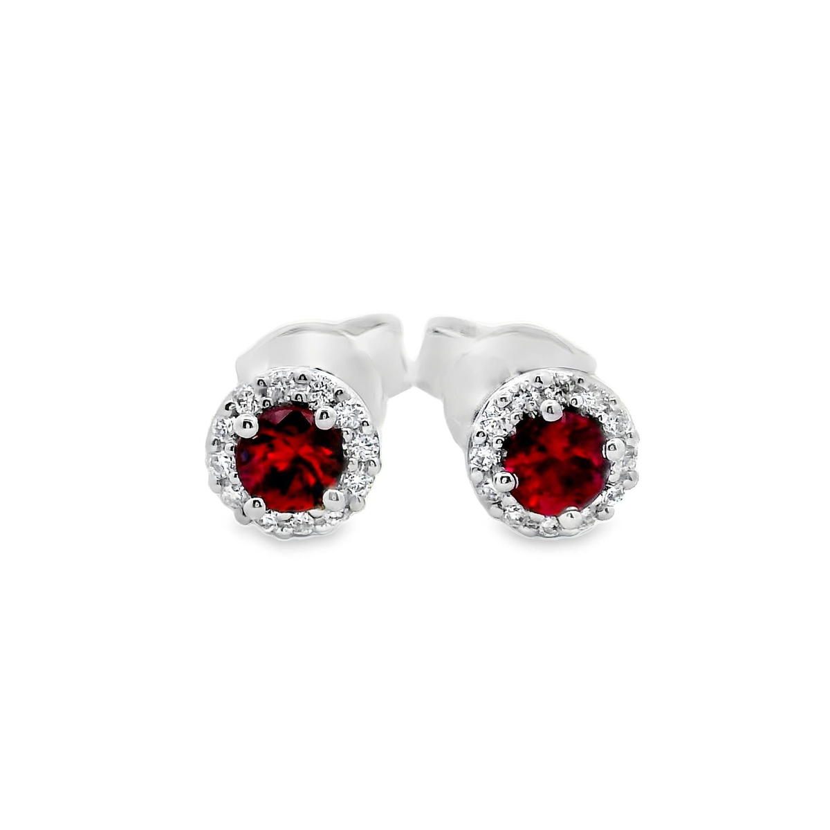 18Kt White Gold Halo Stud Earrings with 2.51cttw Rubies and 24.12cttw Natural Diamonds (Color G-H, Clarity SI1)