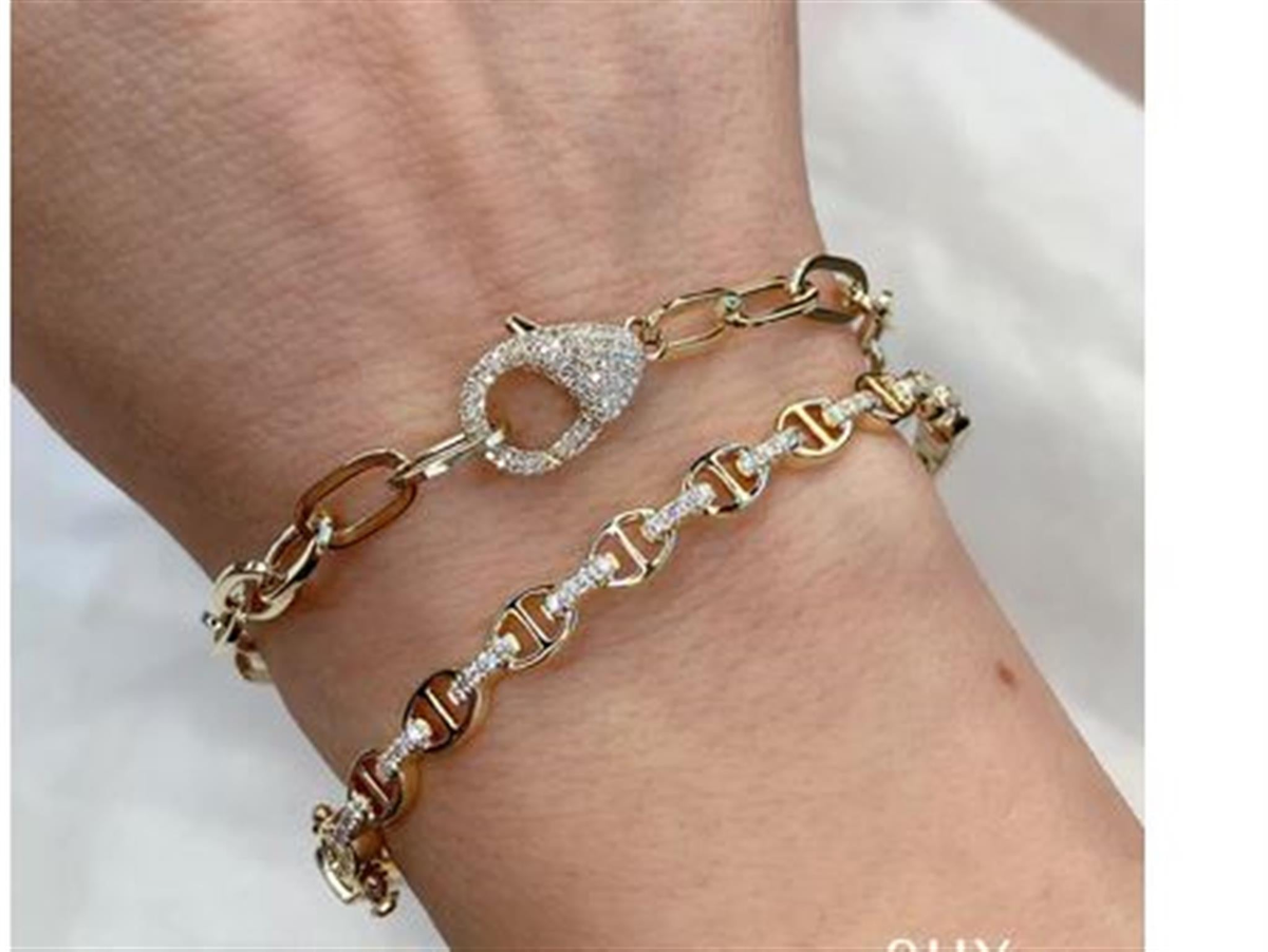 Shy Creation 14Kt Yellow Gold 0.41cttw Pavé Diamond Lobster Clasp Paperclip Link Bracelet