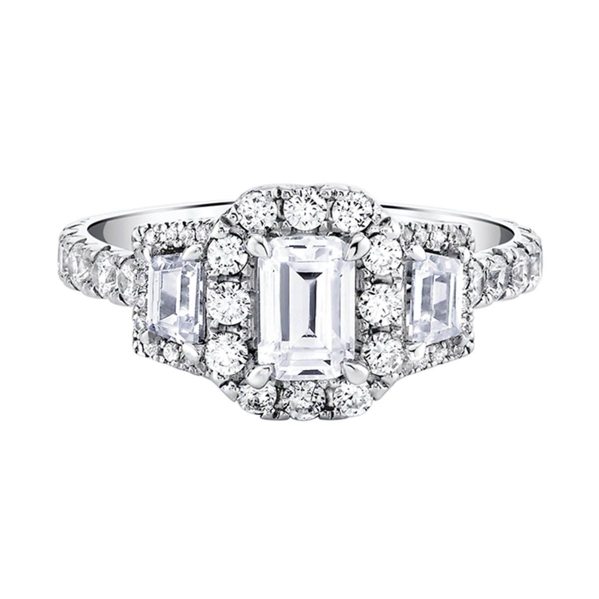 14Kt White Gold 3-Stone Halo Ring With  .70ct Emerald-Cut Center Natural Diamond