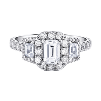 14Kt White Gold 3-Stone Halo Ring With  .70ct Emerald-Cut Center Natural Diamond
