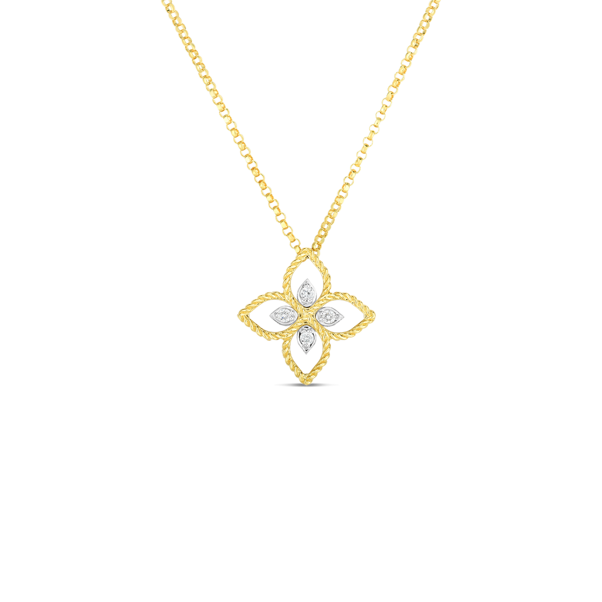 Roberto Coin 18Kt Yellow and White Gold Principessa 0.04cttw Round Natural Diamond Flower Necklace