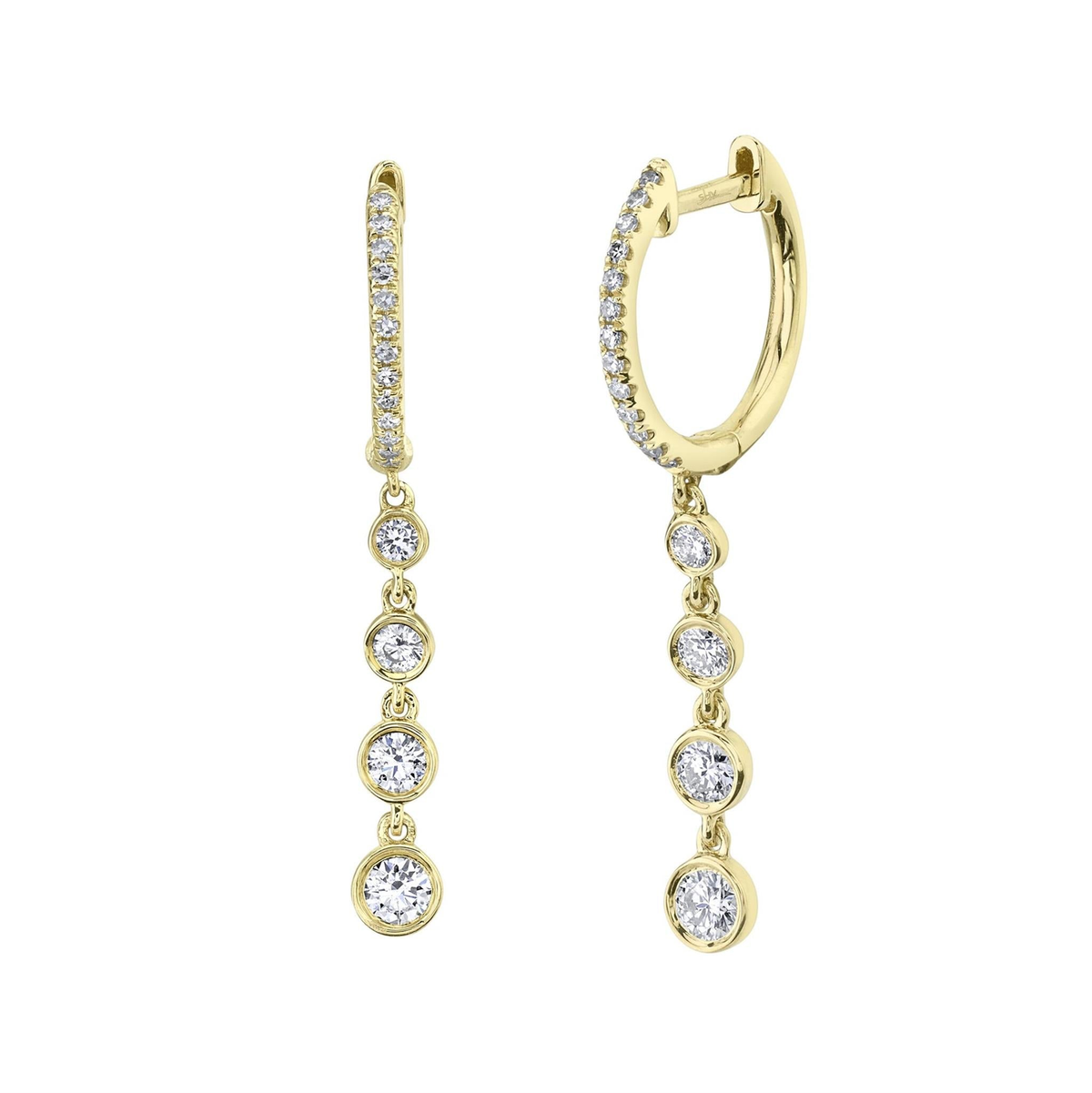 Shy Creation 14Kt Yellow Gold Graduated Bezel Set 0.45cttw Natural Diamond Dangle Hoop Earrings