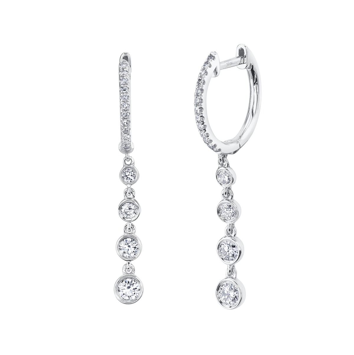 Shy Creation 14Kt White Gold Graduated Bezel Set 0.45cttw Natural Diamond Dangle Hoop Earrings