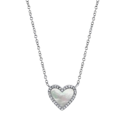 14Kt White Gold Full Heart Pendant With Mother Of Pearl Inlay And .09cttw Diamond Accent On 18" Cable Chain