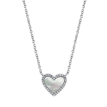 14Kt White Gold Full Heart Pendant With Mother Of Pearl Inlay And .09cttw Diamond Accent On 18" Cable Chain