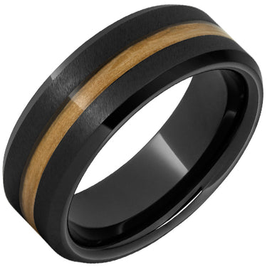 Barrel Aged Collection Black Ceramic 8mm Band with 2mm Bourbon Barrel Inlay with Grain Finish