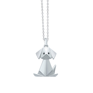 Sterling Silver Origami Dog with Black Diamond Eyes and Satin Finish Mini Pendant