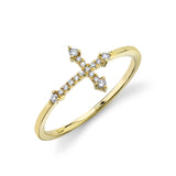 Yellow gold diamond cross ring featuring round diamond accents across the center.