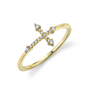 Yellow gold diamond cross ring featuring round diamond accents across the center.