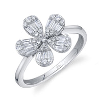 Shy Creation 14Kt White Gold Natural Baguette and Round Diamond Flower Ring