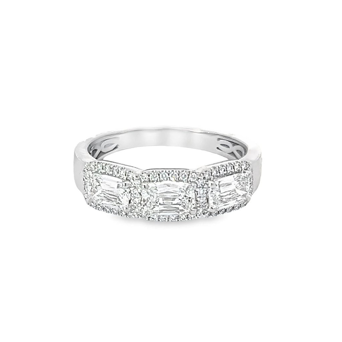 18Kt White Gold East-West Halo Band  With 1.00cttw Heritage-Cut Elongated Cushion Natural Diamonds