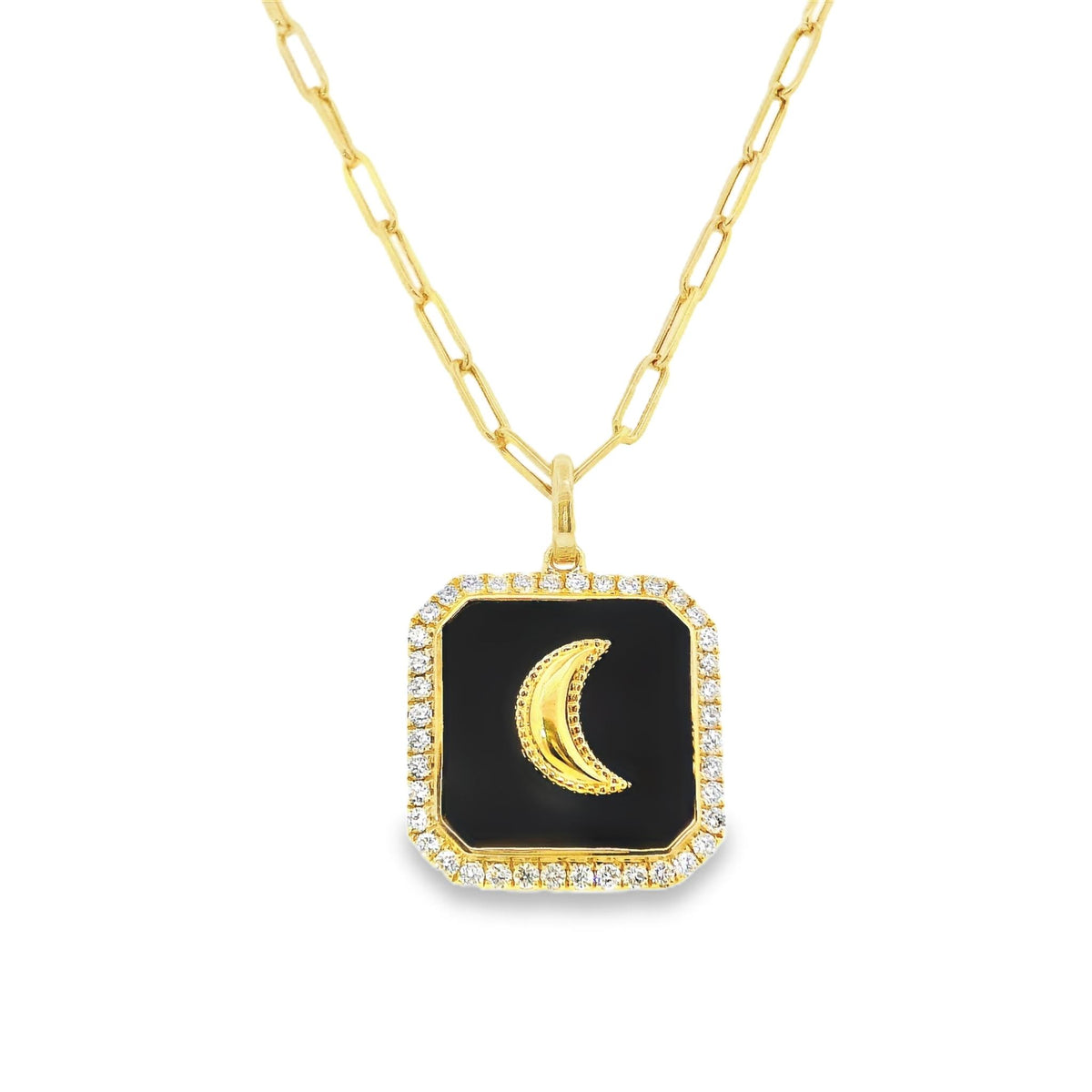 18Kt Yellow Gold Pendant with 40=.46cttw Natural Diamond Frame and Black Onyx with Moon