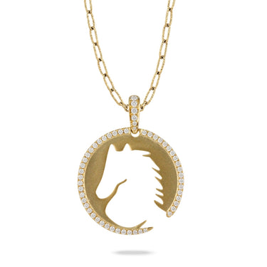 Doves 18Kt Yellow Gold 2.12ct Mother Of Pearl Medallion Horse Pendant with 32=.24cttw Diamonds (G/H Color - SI1 Clarity) 24x16mm - Chain Sold Separately