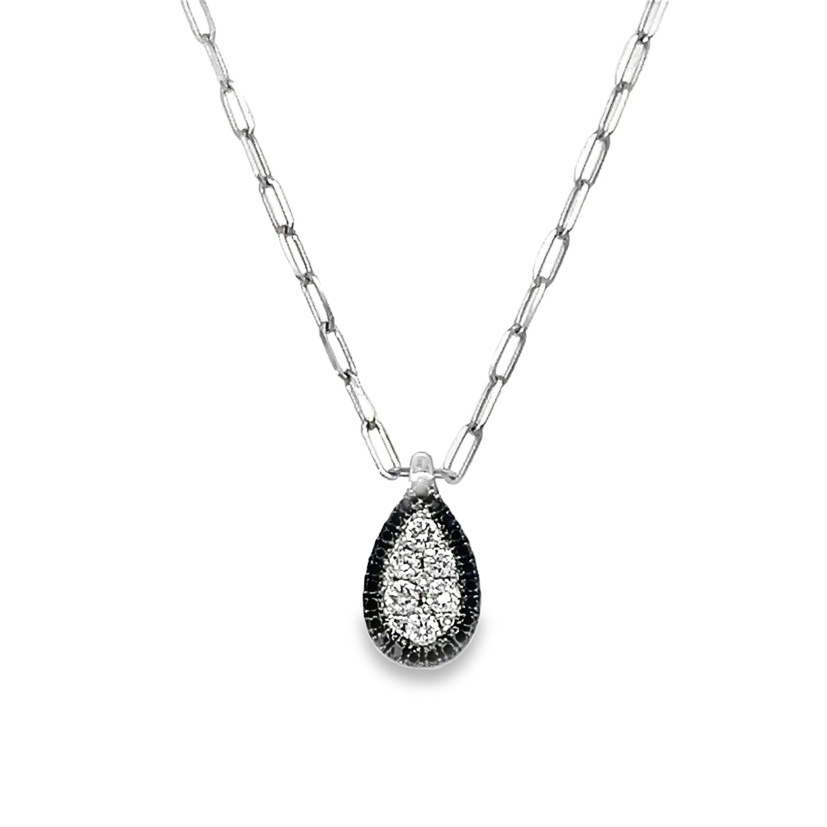 Frederic Sage 14K White Gold 10x16mm Pear Shape Firenze II Pendant with Black Diamond Outside (23.11cttw) and White Diamond Inside (9.19cttw) H-SI1 on an 18" Mini Paperclip Chain with a Lobster Clasp