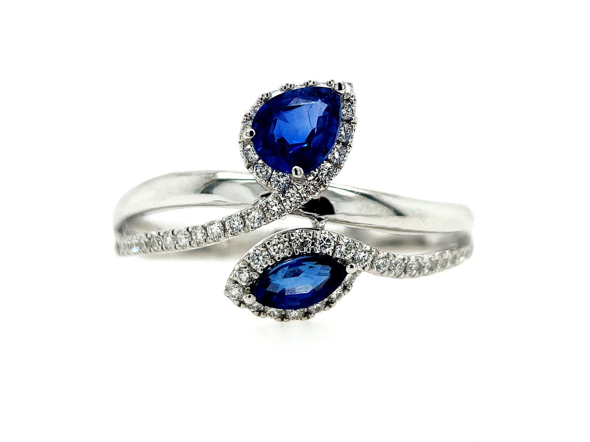 14K White Gold Blue Sapphire and Diamond Halo Bypass Ring