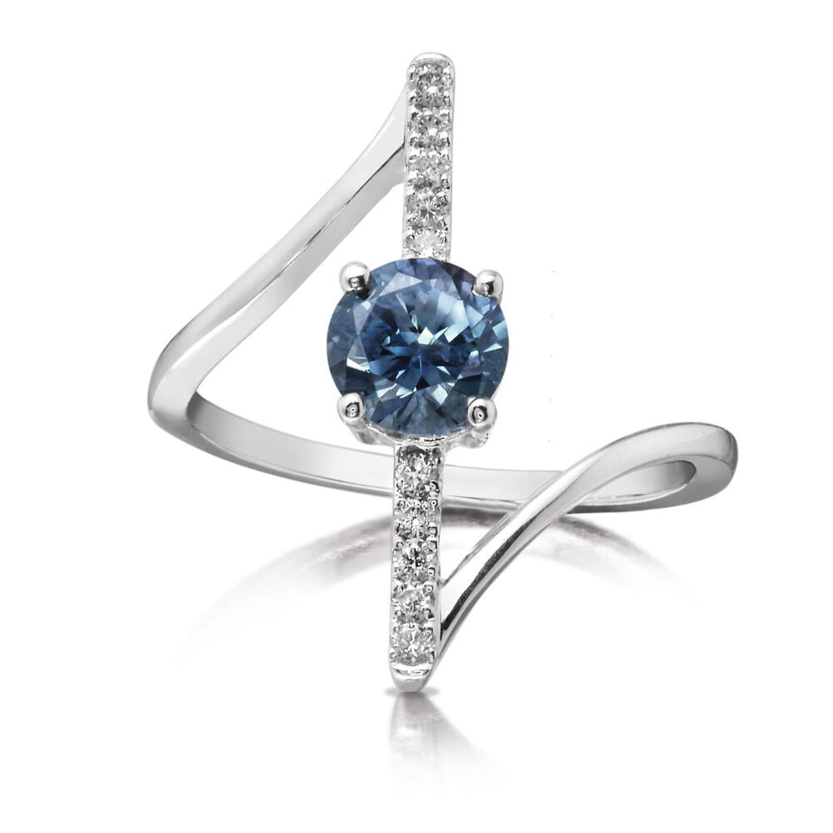 14Kt White Gold Ring with 1.20Ct Montana Sapphire (6mm) and 10.090  Natural Diamonds (Color G-H, Clarity SI2)