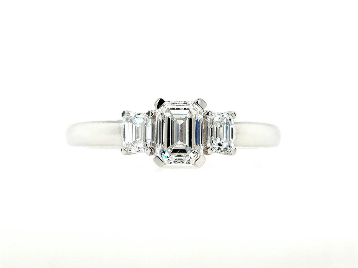 Past Present Future 18K White Gold 3-Stone Emerald Cut Diamond Ring with 1.57ct and 2.3cttw (F Color - VS1 Clarity) - Size 6.25