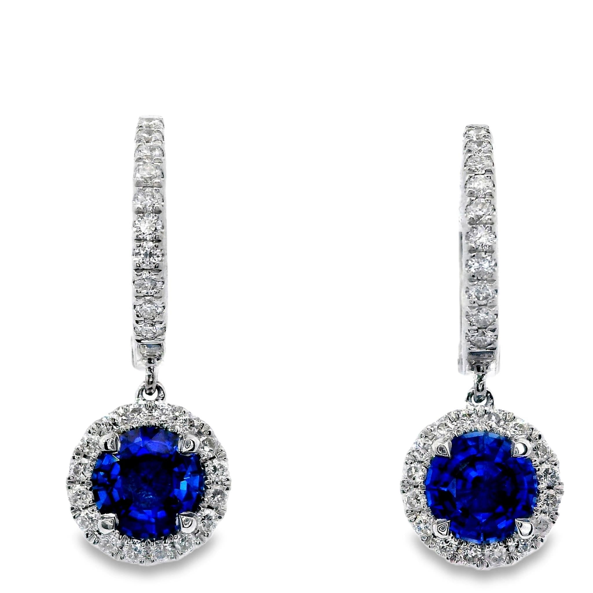 18Kt White Gold Dangle Hoop Earrings with 21.36cttw Halo Sapphires and 52.40cttw Natural Diamonds (Color G-H. Clarity SI1)