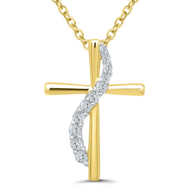 10Kt Yellow Gold 0.10cttw Diamond Wave Cross Pendant