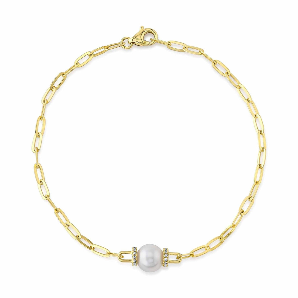 Shy Creation Gold Paperclip Link Pearl & Diamond Bracelet