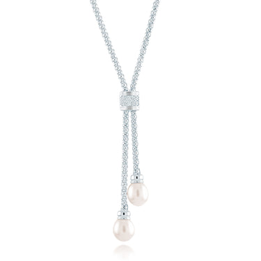 Sterling Silver Mesh Pearl & Cubic Zirconia Lariat Necklace
