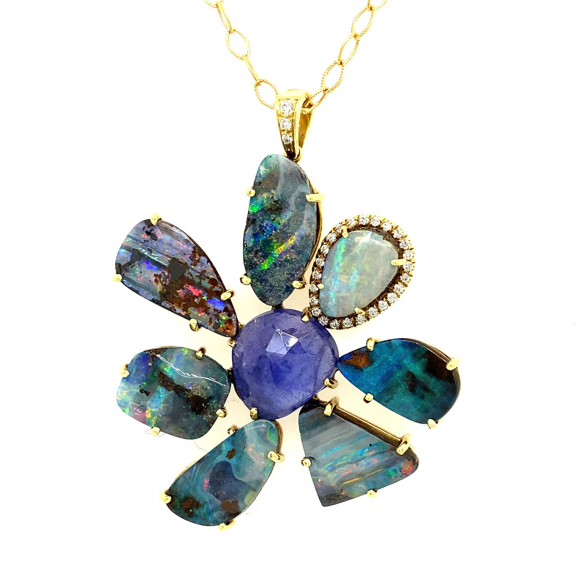 Lauren K. 18Kt Yellow Gold Floral Medallion  Pendant With Australian Boulder Opals & Tanzanite