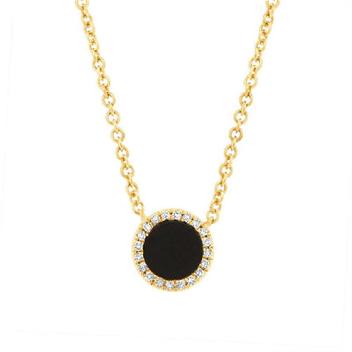 Shy Creation 14K Yellow Gold Round Black Onyx Inlay Pendant on an 18' Adjustable Chain