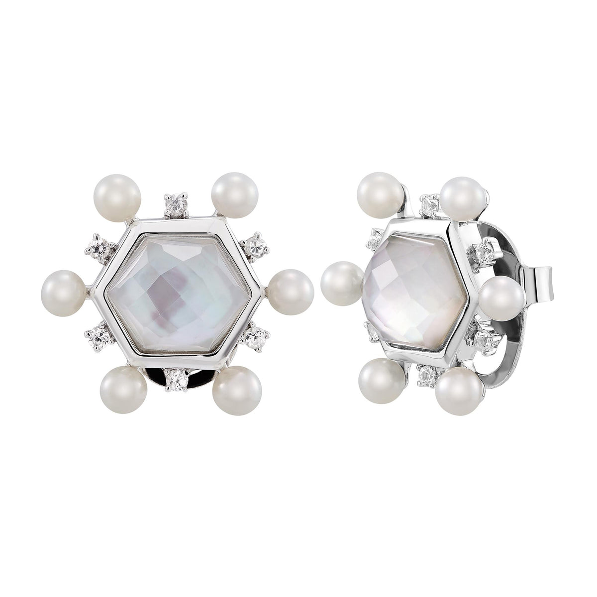 Sterling Silver Stud Earrings with Mother-Of-Pearl and White Sapphire Accents