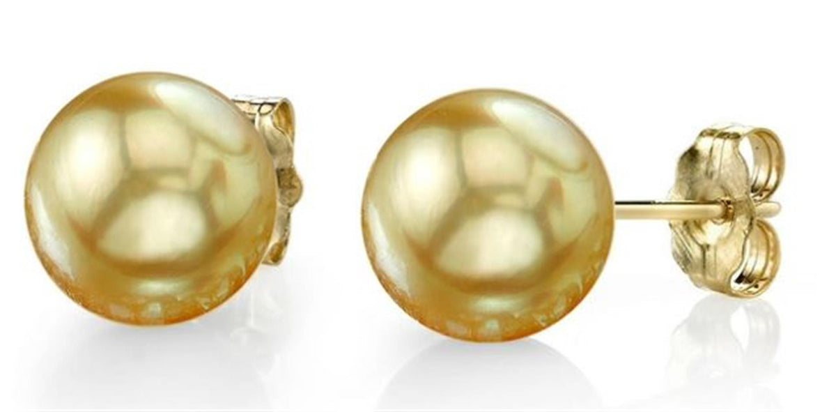 14Kt Yellow Gold Stud Earrings With 10x11mm Golden South Sea Cultured Pearl