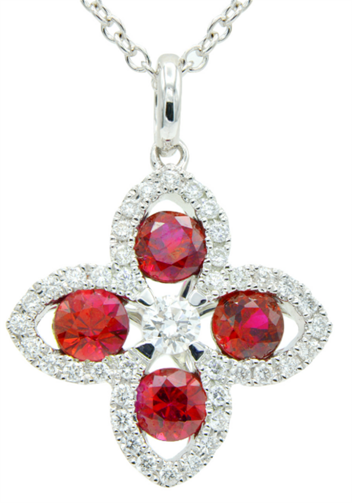 14Kt White Gold Floral Ruby Diamond Pendant