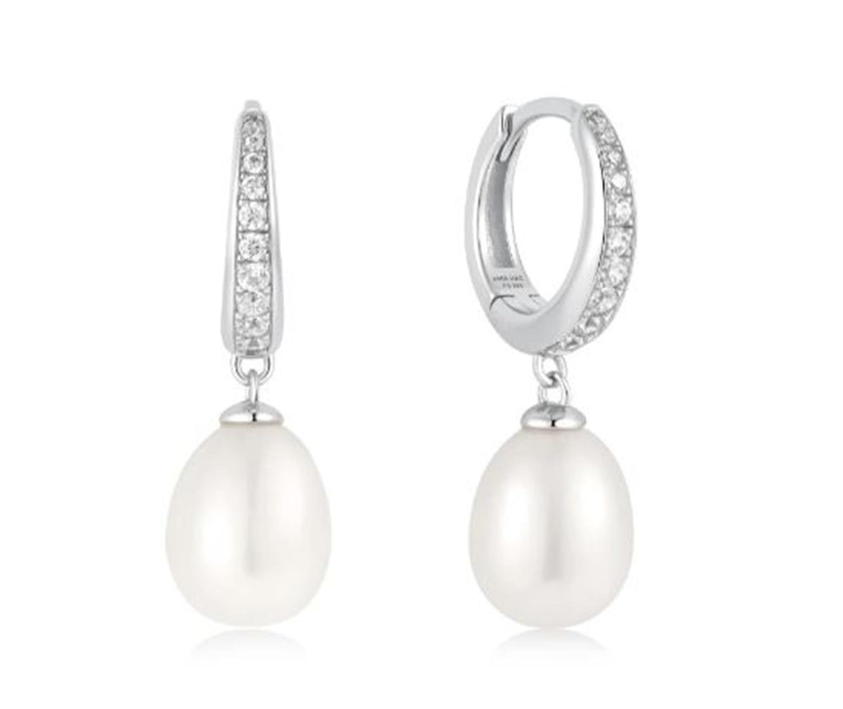 Ania Haie Pave Drop Huggie Earrings in Sterling Silver with Cubic Zirconia and Freshwater Pearls