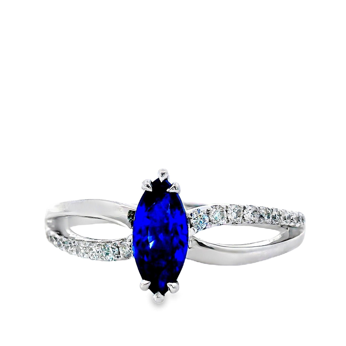 18Kt White Gold Ring with .72Ct Marquise Sapphire (8x4mm) and 20.15cttw Natural Diamonds (Color G-H, Clarity SI1)