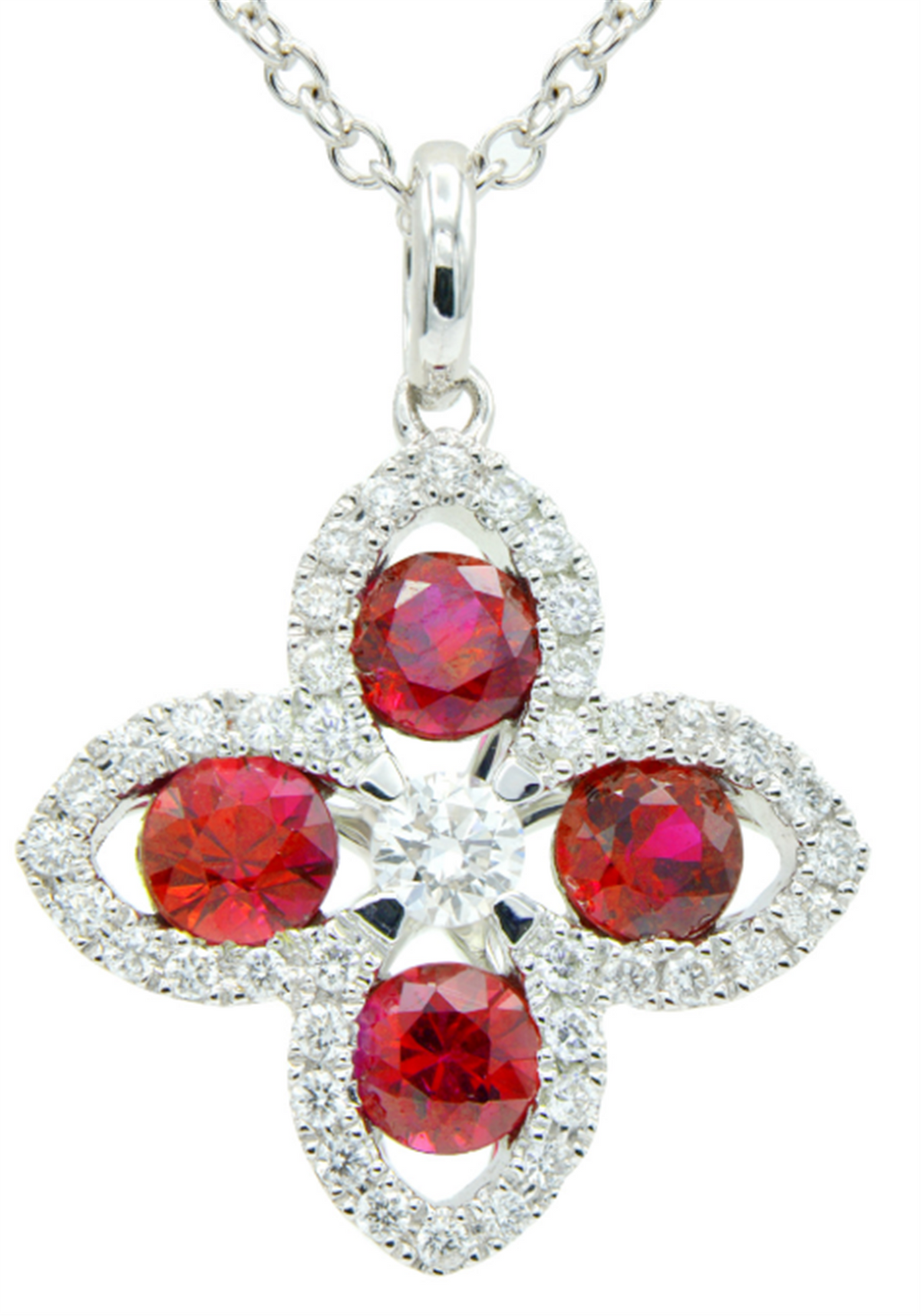 14Kt White Gold Floral Gemstone Pendant With 0.38ct Rubies