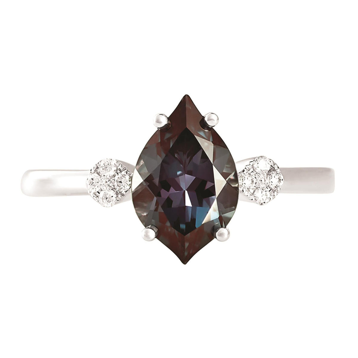 14Kt White Gold Flame-Cut Chatham Created Alexandrite Ring with Lab Grown Diamonds