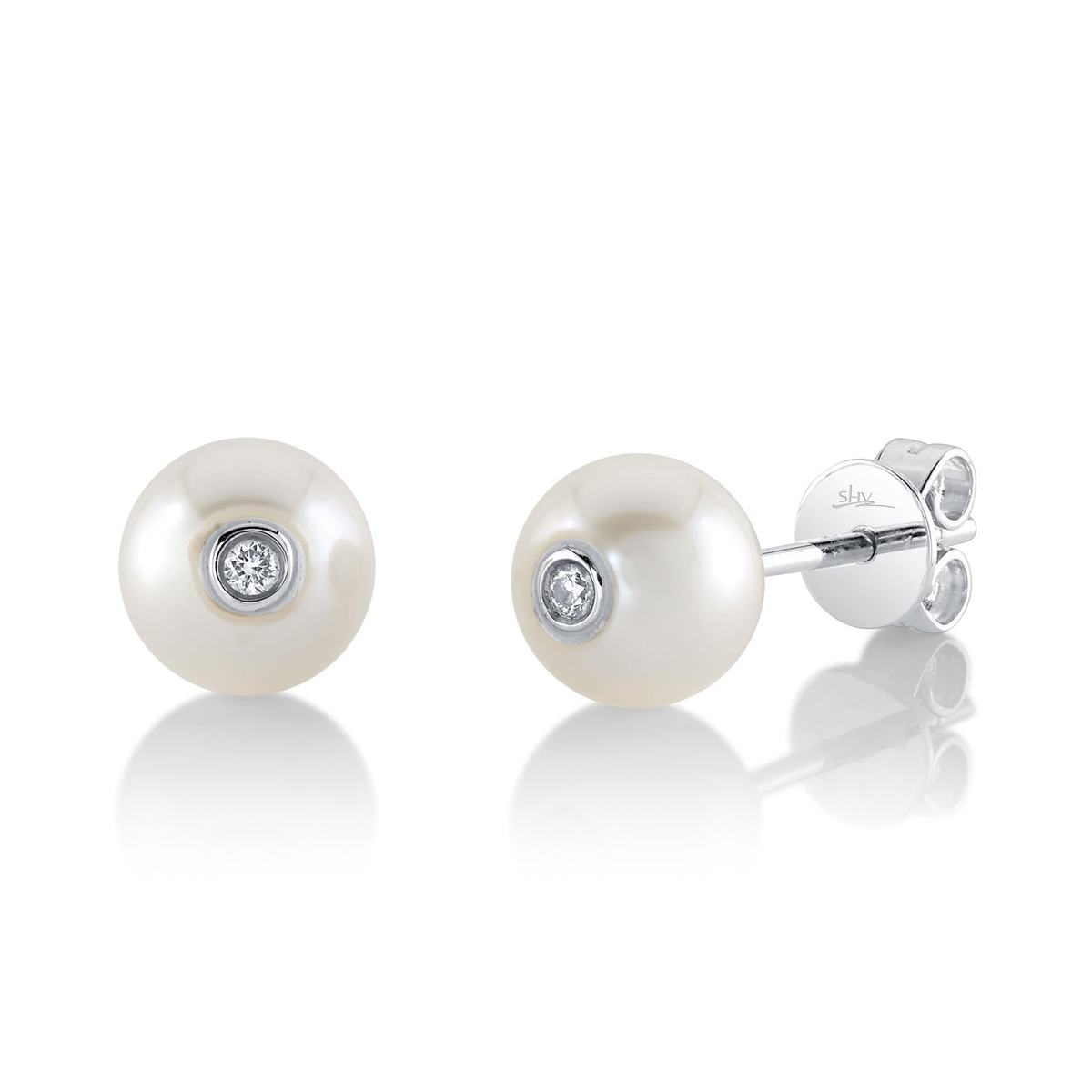 Shy Creation Gold Cultured Pearl Diamond Stud Earrings