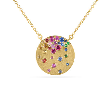 Confetti Collection 14K Yellow Gold Flush-Set 0.62cttw Rainbow Sapphire & Tsavorite Satin Finish Disc Pendant
