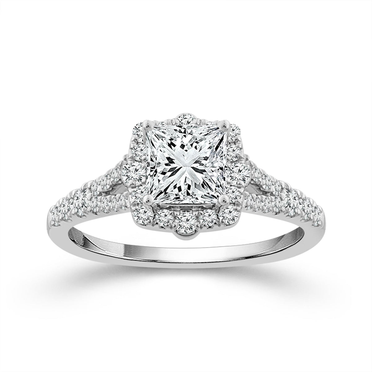 14Kt White Gold Picture-Frame Halo Ring With 1.00ct Natural Center Diamond
