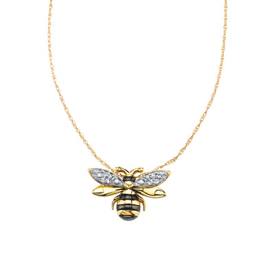 Sterling Silver with 14K Yellow Gold Plating and Black Enamel 0.03cttw Diamond Bee Pendant