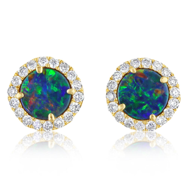 14Kt Yellow Gold Halo Earrings  with Australian Opal and Natural Diamonds