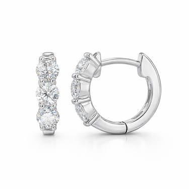 14Kt White Gold 3-Stone 1.16cttw Lab-Grown Round Diamond Huggie Hoop Earrings (F/G Color - VS1 Clarity)